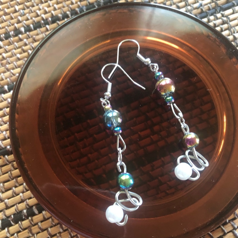 Iridescent Bead Drop Earrings with White Accent